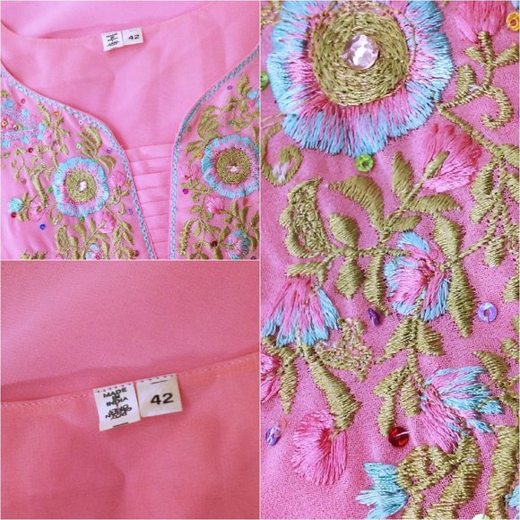 Vintage Kurta Sari Tunic Top sz-42 (M/L) Sheer Embellished Bling Glam Slits Pink - Picture 7 of 10